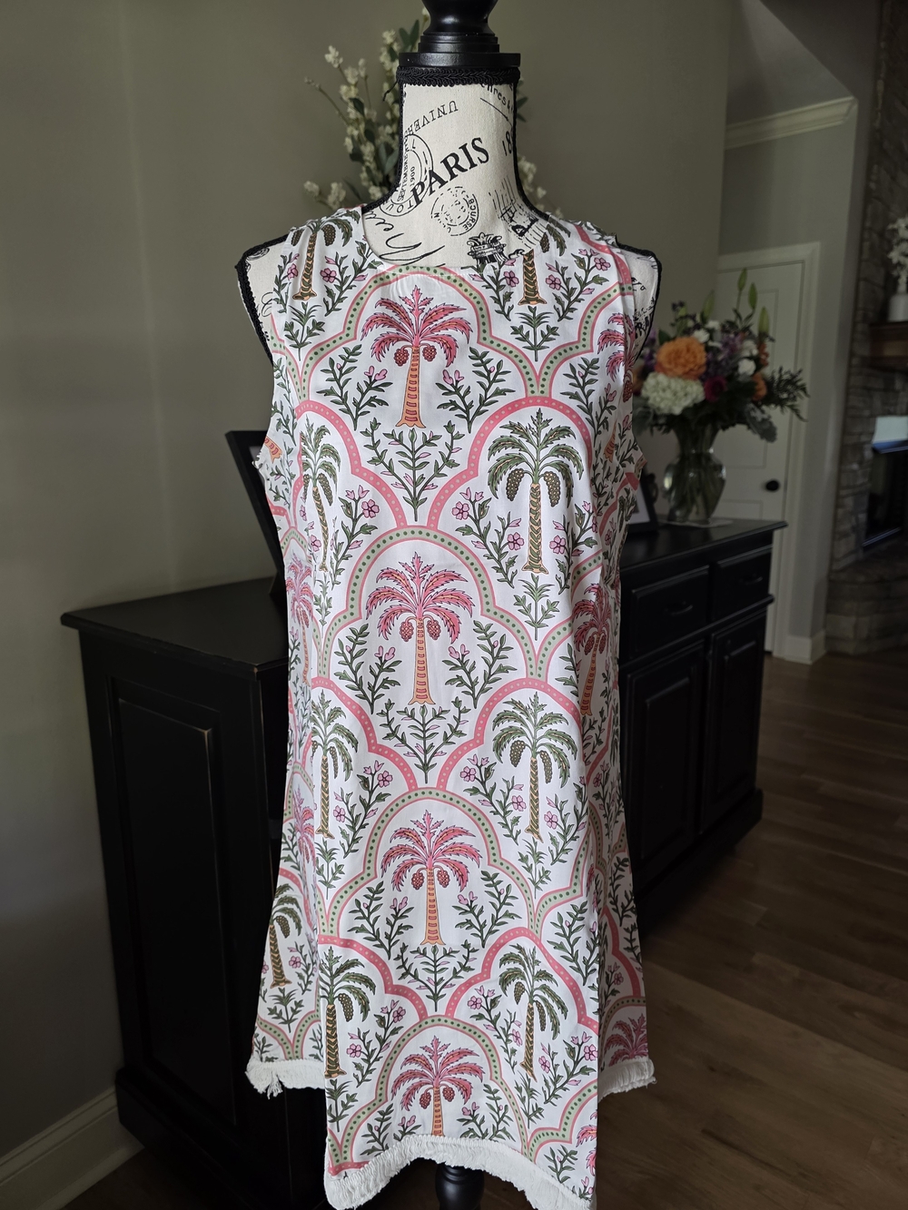 Sleeveless Pink Palm-Print Mini Dress